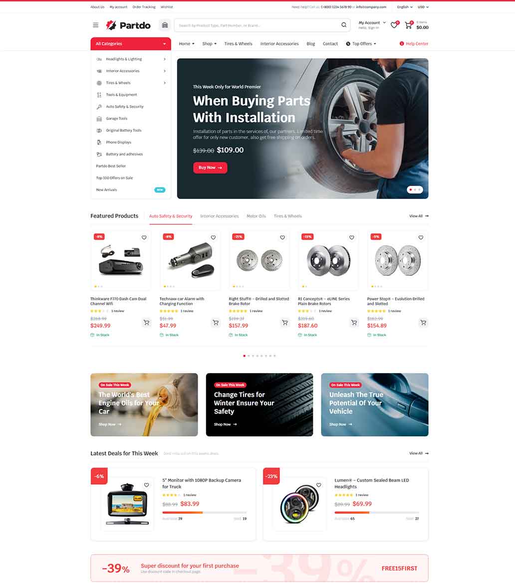 Partdo v1.2.8 - 汽车零部件和工具店跨境电商独立站模板汽车配件商店、数码产品、手机配件店、工具店、轮胎店、汽车配件多供应商、汽车商店、自行车零件行业购物网站WordPress WooСommerce主题-1