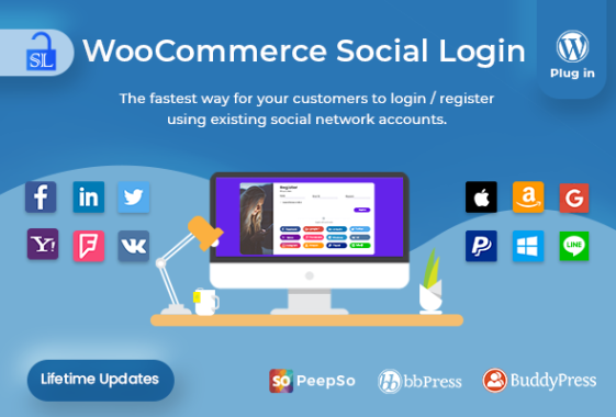 WooCommerce Social Login v2.8.0社交登录扩展允许用户登录和结帐社交网络，如Facebook、Twitter、Google、Yahoo、LinkedIn、Foursquare、Windows Live、VKontakte （VK.com）、Instagram、PayPal、Amazon